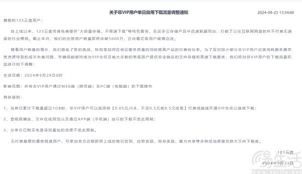 123云盘轨则非VIP单日下载流量，搪塞带宽蹧跶